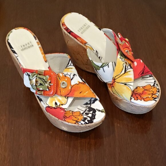Stuart Weitzman Canvas Floral Print Wedge Sandals Size 6.5 - Picture 2 of 14